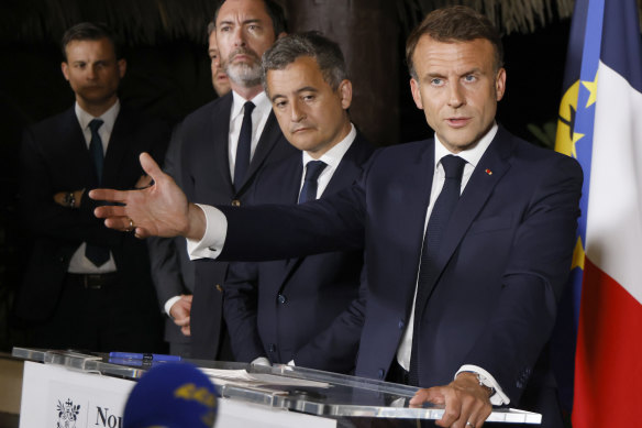 French President Emmanuel Macron delivers a speech at New Caledonia’s High Commissioner residency in Noumea.