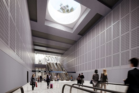 A render of the underground metro station being built about a three-minute walk from the Western Sydney Airport terminal.