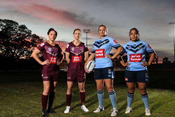 Brittany Breayley, Karina Brown, Ruan Sims and Simaima Taufa at North Sydney Oval ahead of the first women’s Origin match.