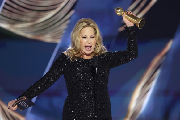 Jennifer Coolidge accepts the Best Actress Golden Globe for The White Lotus.
