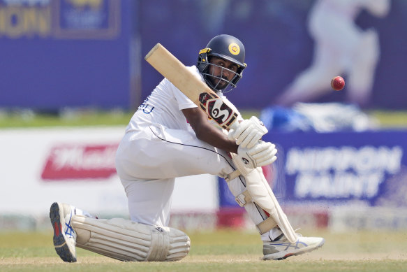 Sri Lanka’s Kamindu Mendis plays a shot during day three