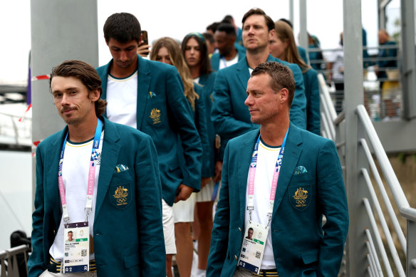 Alex De Minaur (left), Alexei Popyrin and Lleyton Hewitt at the Olympics in Paris.