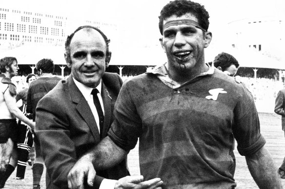 Clive Churchill and John Sattler after the 1970 grand final.