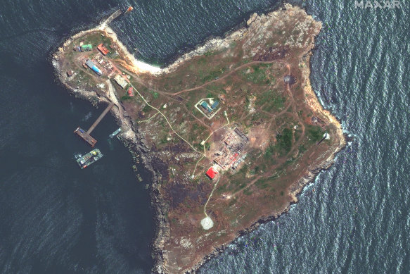 A satellite image provided by Maxar Technologies shows an overview of Snake Island in the Black Sea, where an early battle in the invasion of Ukraine took place.