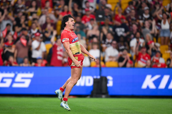 Herbie Farnworth celebrates scoring for the Dolphins against the Brisbane Broncos.