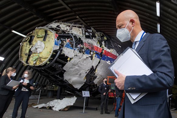 The reconstructed wreckage of Malaysia Airlines Flight MH17, at the Gilze-Rijen military airbase, southern Netherlands, in 2021.