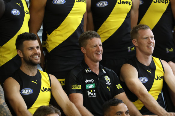 Jack Riewoldt (right) says Damien Hardwick (centre) had addressed the issue of his new relationship with the playing group.