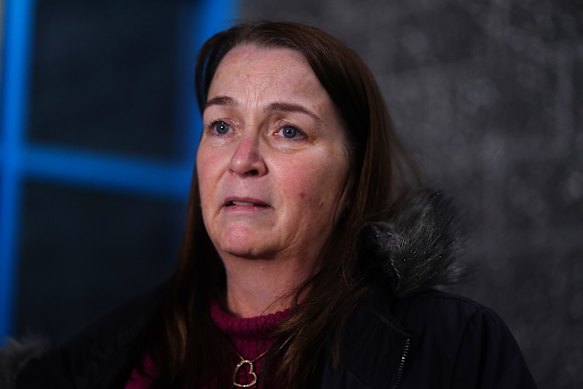 Colin and Claudette's daughter Linda McKelvie addresses the media in Glen Waverley on Sunday. 