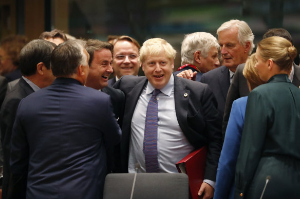 British Prime Minister Boris Johnson with European leaders, including German Chancellor Angela Merkel (second right) and Luxembourg's Prime Minister Xavier Bettel, centre left, during a round table meeting on Thursday.