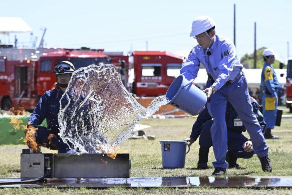 Leading by example ... Japanese Prime Minister Fumio Kishida took part in a joint disaster drill in Kanagawa prefecture on September 1.