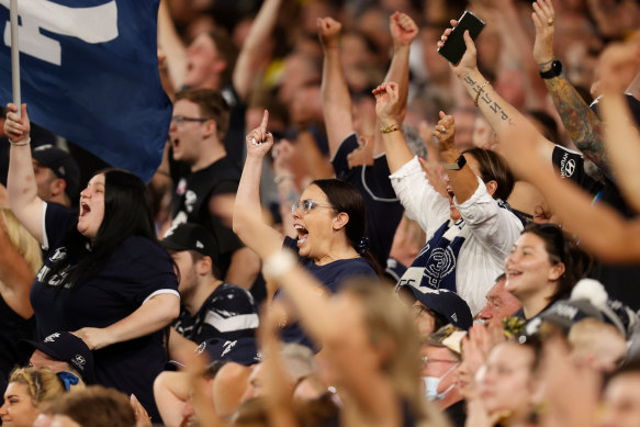 Blues fans celebrate a big moment: Victory in the first round.