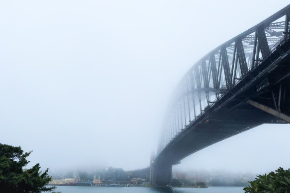 The view from the Rocks towards Sydney Harbour on Saturday morning, as the city braces for a month’s worth of rain in 48 hours. 