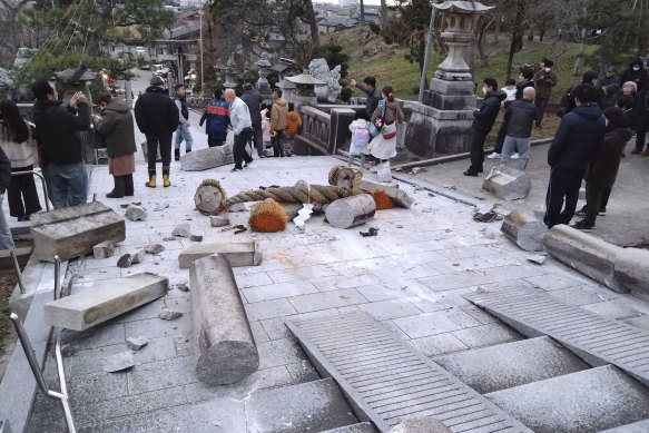 Damaged gates at at a shrine in Kanazawa after the earthquake in Japan.