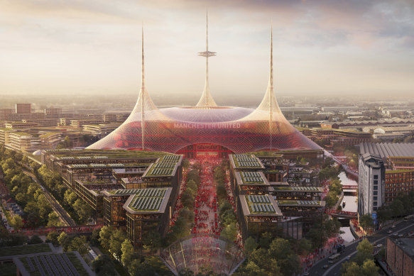 A  computer-generated picture, issued by Manchester United, shows an exterior view of the planned new stadium.
