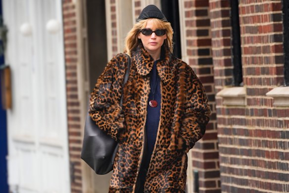 Actor Jennifer Lawrence modelling late-pregnancy comfort and style back in February.