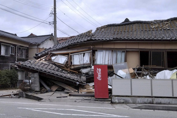 A house is damaged by an earthquake in Wajima, Ishikawa prefecture, Japan.