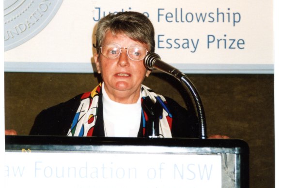 Elaine Evans making her acceptance speech in 1999.