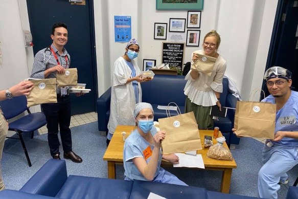 Royal Prince Alfred Hospital recipients of meals from the Feed our Heroes initiative. From top, left to right: Matt Georgiades, Krupa Mehta, Sophie Dunkerton (and below) Elizabeth Corbett and Wilfred Cubelo.
