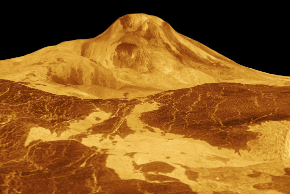 A new study found evidence of volcanic activity as recently as the early 1990s on the north side of Venus’ Maat Mons, seen in this image from the JPL Multi-mission Image Processing Laboratory. 