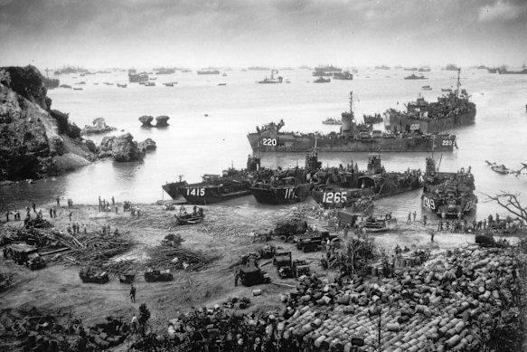 US forces invade Okinawa in April 1945. Thousands of Japanese civilians were killed in the final major land battle of the Pacific war.