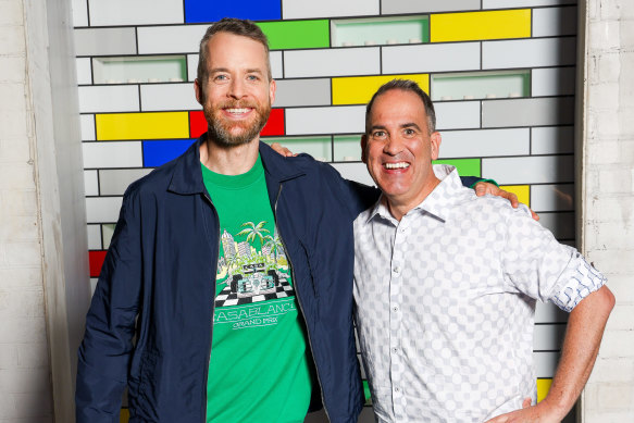 Lego Masters: Grand Masters hosts Hamish Blake and Ryan “Brickman” McNaught.