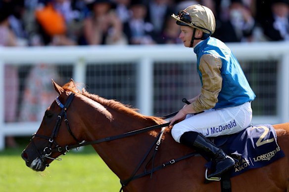 James McDonald on Crimson Advocate after winning The Duke Of Cambridge Stakes at Royal Ascot on June 18.