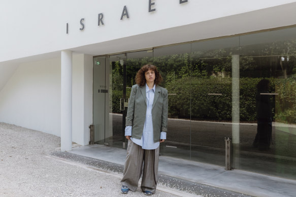 The artist Ruth Patir, Israel’s representative, outside the Israeli pavilion at the Venice Biennale.