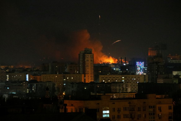 Smoke and flames rise during shelling near Kyiv.