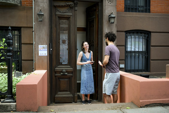 Andrea Kelly, a broker for Douglas Elliman, explains the landlord’s no-cooking-meat rule to a prospective tenant of a building in the Fort Greene neighbourhood of Brooklyn.