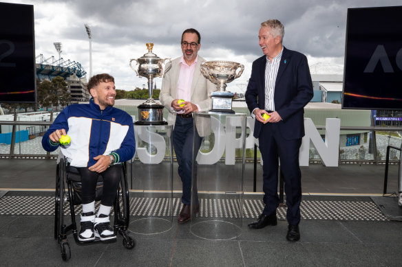 From left: Dylan Alcott, Martin Pakula and Australian Open tournament director Craig Tiley  at the Australian Open launch held at Rod Laver Arena