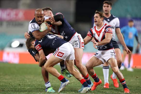 Angus Crichton was involved in the tackle on Melbourne’s Felise Kaufusi that ended with Sam Walker copping an elbow deemed accidental by the NRL judiciary.