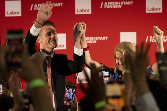 NSW Labor leader Chris Minns and his wife Anna take to the stage at Labor’s election night event.