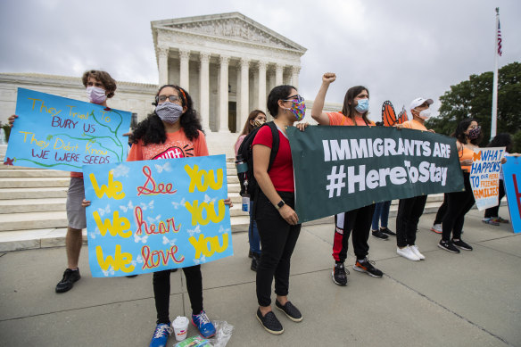 Students celebrate in front of the US Supreme Court after the ruling.