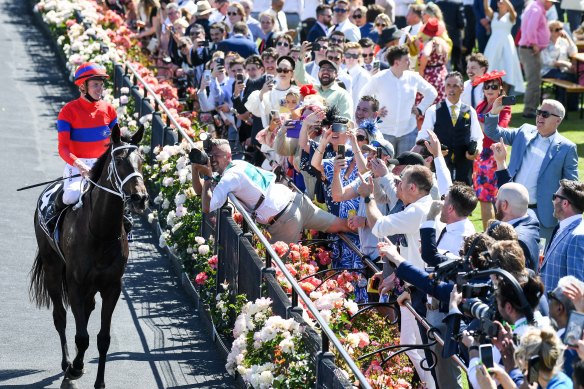 Jockey James McDonald on last year’s Melbourne Cup winner,  Verry Elleegant.