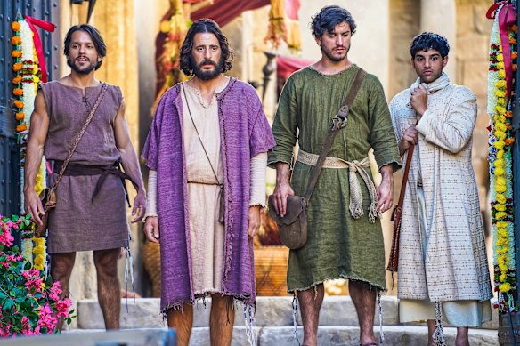 (From left) Shahar Isaac as Simon Peter, Jonathan Roumie as Jesus, George Xanthis as John the Apostle, and Paras Patel as Matthew in The Chosen.