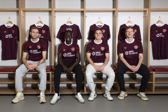 Hearts' Socceroos contingent has grown to four, with Garang Kuol (second left) joining Nathaniel Atkinson, Cammy Devlin and Kye Rowles.