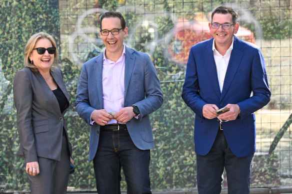 Victorian Premier Daniel Andrews with Deputy Premier Jacinta Allan and Tourism Minister Steve Dimopoulos after the premier’s resignation on Tuesday.