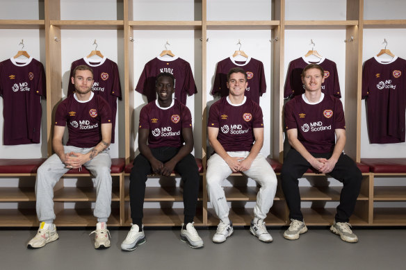 Hearts’ Socceroos contingent grew to four when Garang Kuol (second left) joined Nathaniel Atkinson, Cammy Devlin and Kye Rowles at the Edinburgh club.
