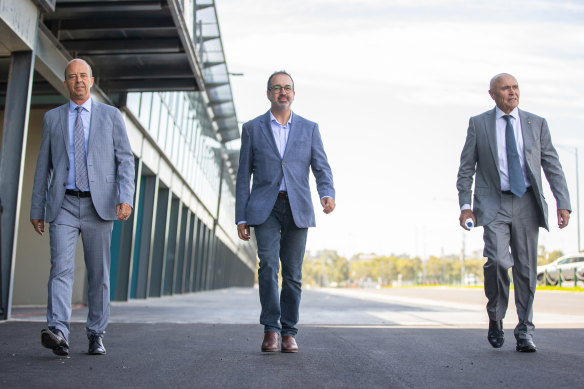 Former sport minister Martin Pakula (centre) replaced Paul Little (right) as AGPC chairman, with Andrew Westacott (left) resigning as chief executive. 