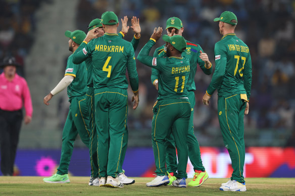 South Africa celebrate a wicket as Australia collapse.