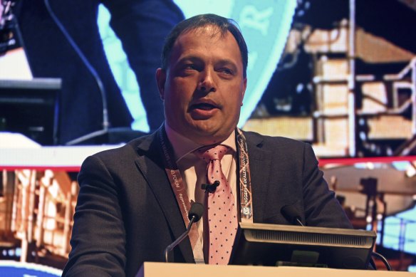 Roy Hill chief executive Gerhard Veldsman speaks at the annual Diggers and Dealers conference in Kalgoorlie.