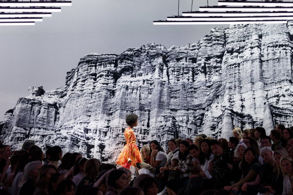 The collection was shown in New York against a backdrop of cliffs and the ocean.