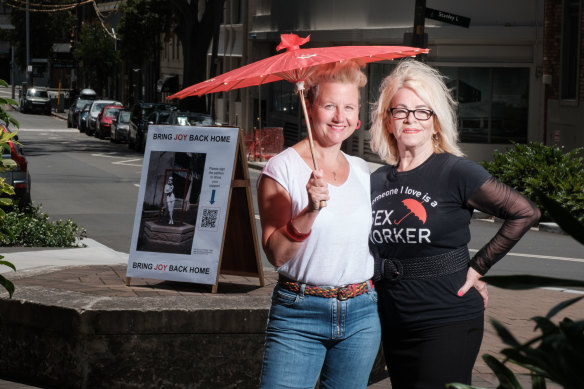 Sex worker advocates Julie Bates AO, right, and Catherine Freyne at the Yurong St, Darlinghurst site where Joy once stood.