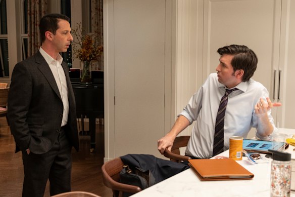 Nicholas Braun as Greg and Jeremy Strong as Kendall in season three of Succession.