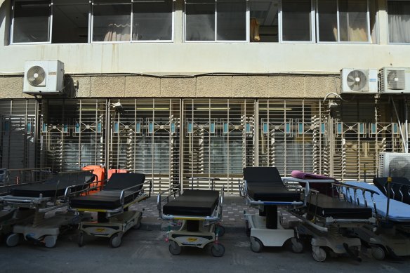 In preparation for the Israeli ground offensive, trolley beds are stationed at the entrances of the Soroka Medical Centre. Ofakim, Israel.