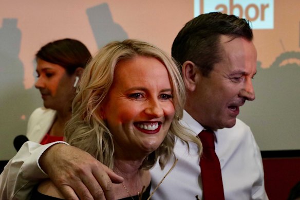 WA Premier Mark McGowan celebrates his crushing re-election with wife Sarah.