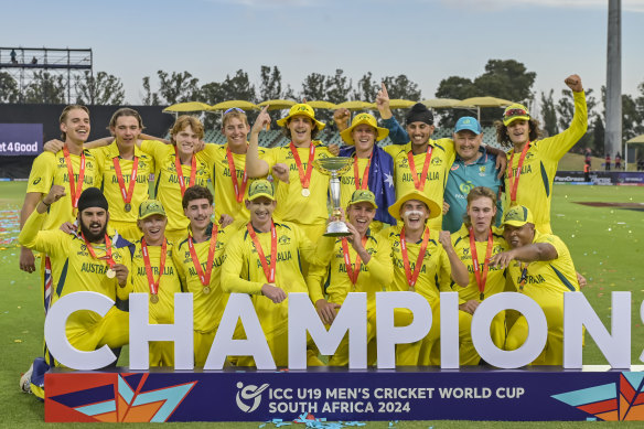 Australia celebrate winning the under-19 men’s World Cup after beating India in South Africa.