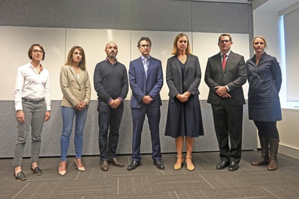 Newmont regional chief financial officer Felicity Hughes, Fortescue people director Linda O’Farrell, Chamber of Minerals and Energy WA chief executive Paul Everingham, Woodside operations executive vice president Fiona Hick, Rio Tinto iron ore chief executive Simon Trott, BHP WA iron ore asset president Brandon Craig, and BHP integrated planning and operations general manager Jess Farrell taking a stand on sexual harassment in the resources industry.