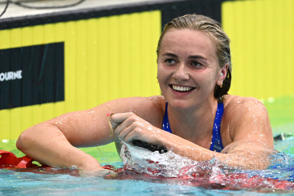 Ariarne Titmus after winning her 400m freestyle final at the Australian trials earlier this year.