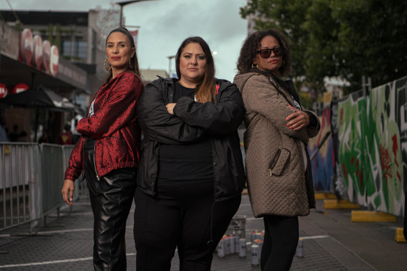 Performers at the 4Elements Hip-hop Festival, Maya Jupiter, festival producer Vyvienne Abla, and performer MC Trey in Blacktown.